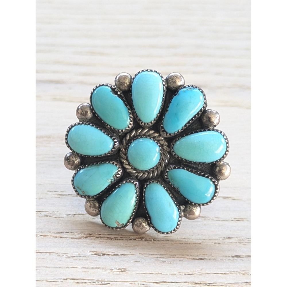 Signed Zuni Julie O Lahi Sterling Silver Turquoise Cluster Flower Ring Size 7.25